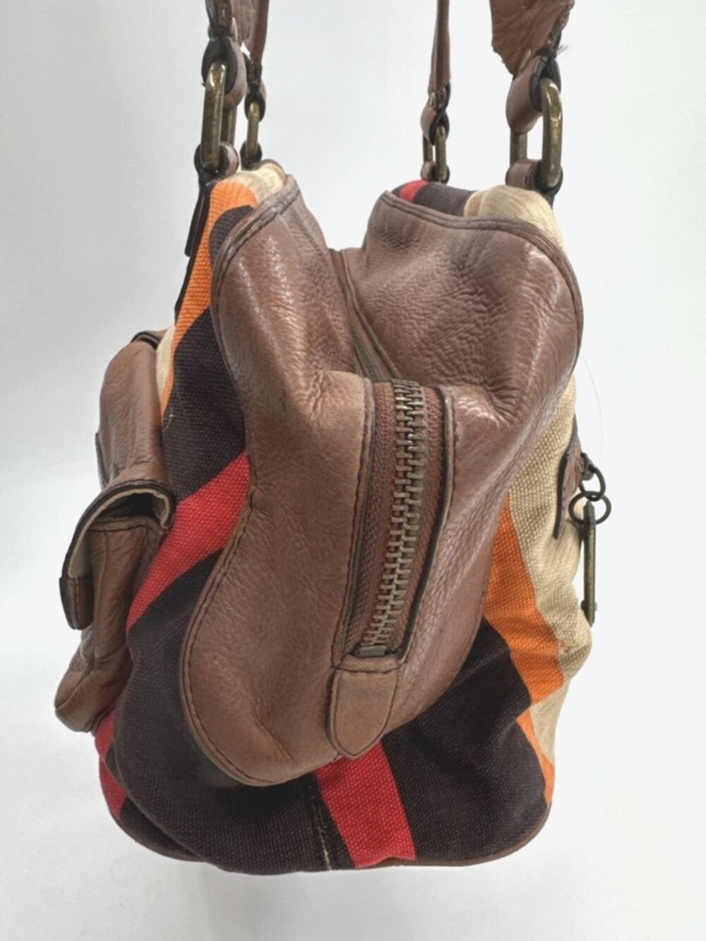 Cole Haan Striped Handbag Brown Leather Canvas Shoulder Aztec Double Handle Boho - Picture 10 of 12